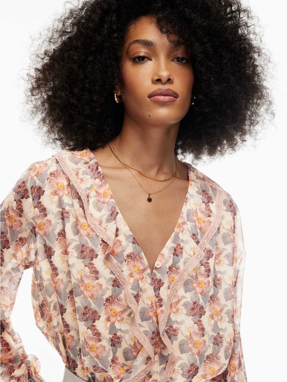 Wilfred| Aritzia| Eden Pink Floral V-Neck Ruffled Long Sleeve Blouse Sz L